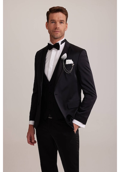 Ysf Erkek Siyah Yelekli Kırlangıç Yaka Slim Fit Damatlık