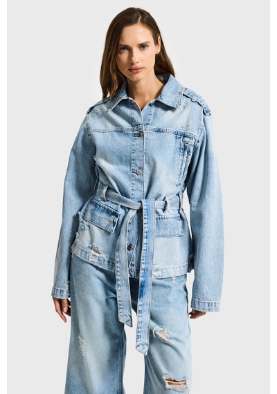 Kadın Ice 12s6-32 Oversize Kemer Detaylı Yırtık %100 Koton Denim Ceket Ice Rengi