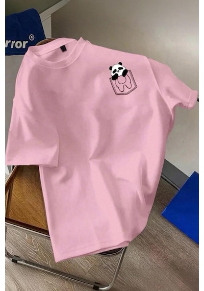 Cepte Panda Baskılı Oversize Unisex Pamuklu Tişört Battal Büyük Beden Tshirt Pembe