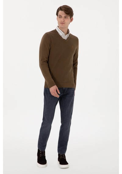 U.S. Polo Assn. Erkek Slim Fit V Yaka Haki Basic Kazak 50288886-VR027