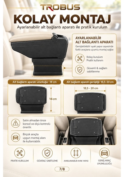 Trobus Dacia Lodgy 2012-2022 Uyumlu Ayarlanabilir Ayaklı Kolçak Kol Dayama Bardaklıklı Bej Siyah