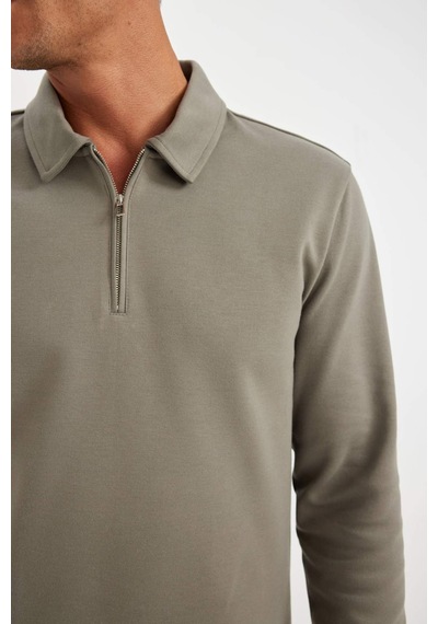 DeFacto Regular Fit Polo Yaka Yarım Fermuarlı Basic Düz Sweatshirt D2279AX24AUGR308