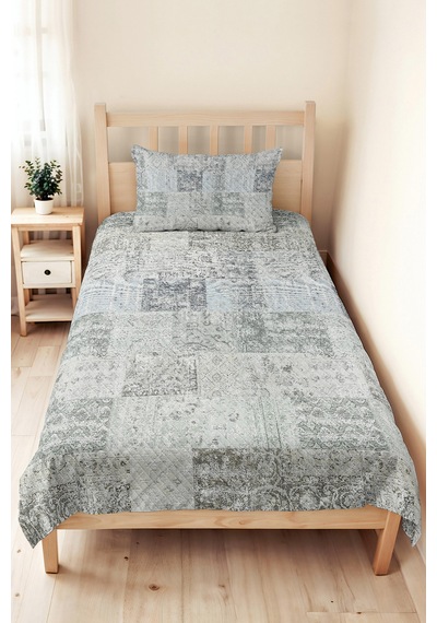 Vintage Patchwork Mavi Tek Kişilik Pike Takımı - Eskitme Bohem Gri 160x220 Cm Kapitone Yatak Örtüsü Kuşluk Yağmur Nüansı