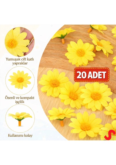 Yapay Papatya Çiçek Kafası 4 Cm X 20 Adet - Sarı Renkli