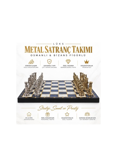 Lüks Metal Satranç Takımı Osmanlı Bizans Figürlü Krom Mavi Mermer Desenli 20x20 Premium Hediye Seti