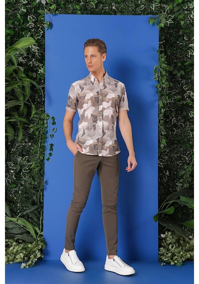 Efor Slim Fit Düğmeli Yaka Kamuflaj Desenli Kısa Kol Pamuk Bej Gömlek G 1500 Bej