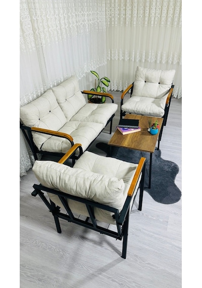 Madame Home Kaktüs Balkon, Bahçe,teras,cafe - Salon - Metal Kanepe Koltuk Takımı - 2 1 1 Sehpa Krem