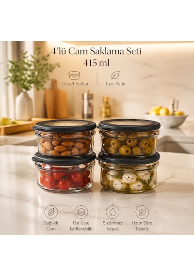 Porsima Et-00104 Flat 4lü Cam Kahvaltılık Çok Amaçlı Saklama Kabı Cam Kahvaltı Seti 415cc