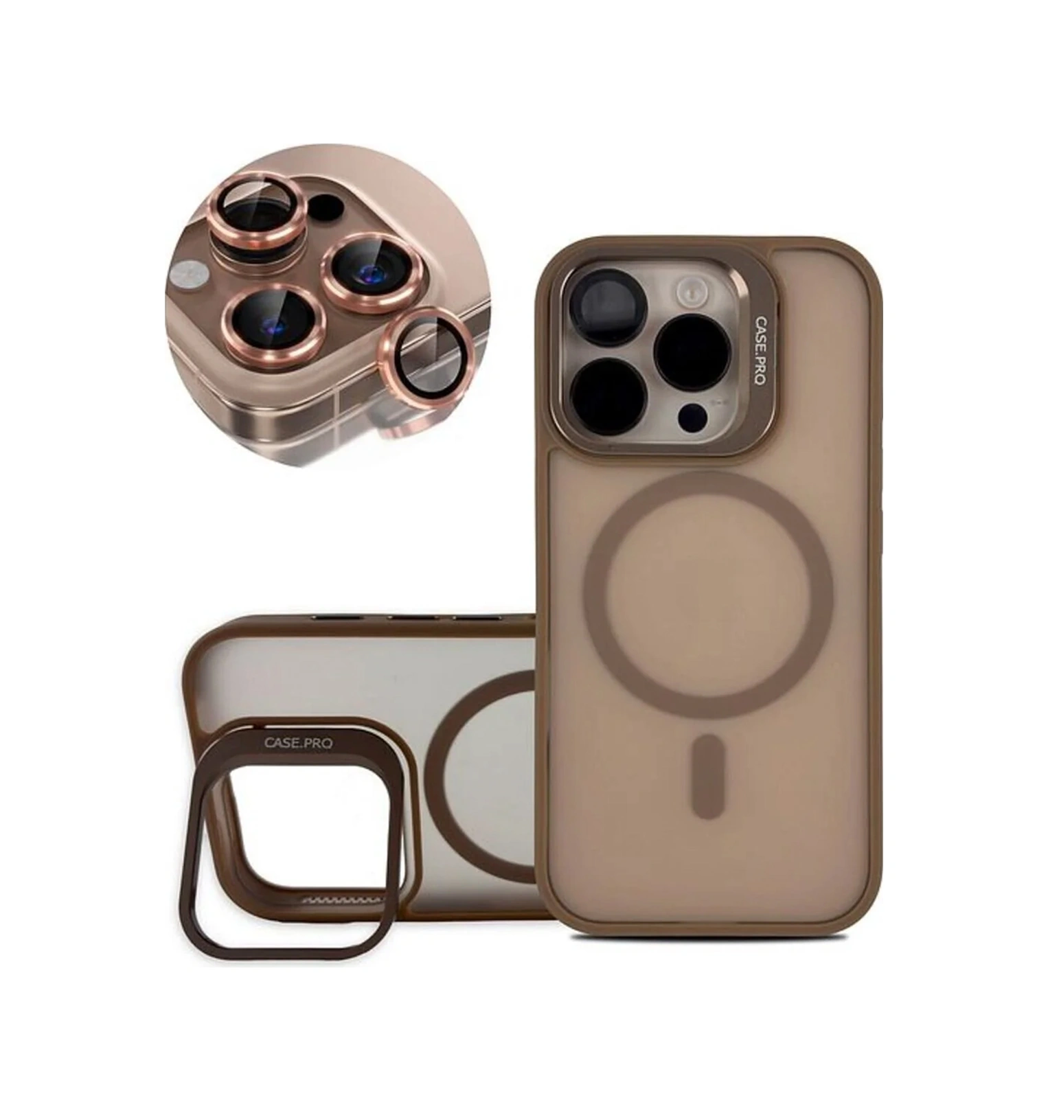 Apple Uyumlu iPhone 16 Pro Kılıf Armor Seri Magsafe Stand Özellikli Kamera Lensli Kapak Kahverengi