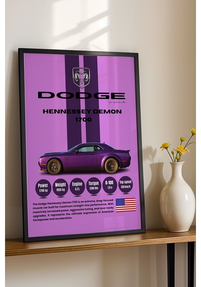 Dodge Hennessey Demon 1700 Tablo - Teknik Özellikli Araba Poster - Çerçeveli Duvar Dekoru Siyah
