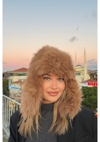 Mollycrush Luxury Kadın Kahverengi Uzun Tüylü Suni Kürklü Peluş Tüylü Pilot Şapka Kahverengi