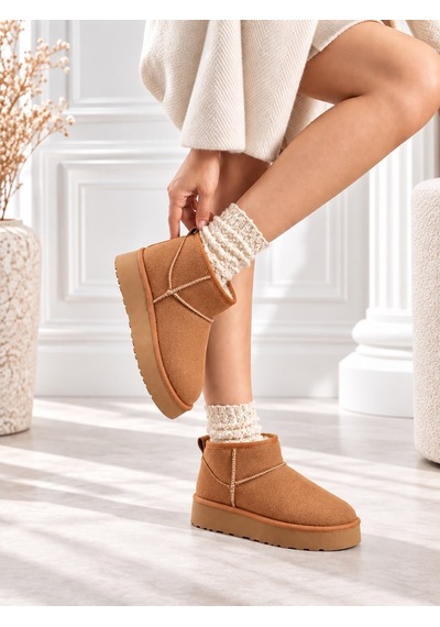 Dabab Shoes Kardelen Kadın Taba Lüks Süet İçi Kürklü Sıcak Astarlı 5 Cm Kalın Tabanlı Kısa Bot Kar Botu