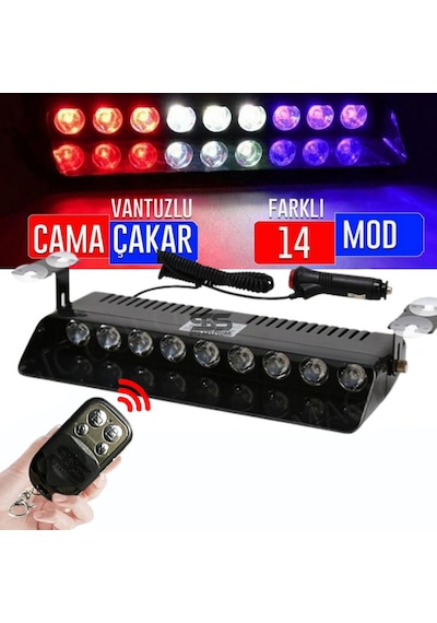 Kumandalı Polis Çakarı Cam İçi Vantuzlu 9 Led Kırmızı Mavi Beyaz Çakmaklık Girişli Ön Arka Cam (STS OTO AKSESUAR)
