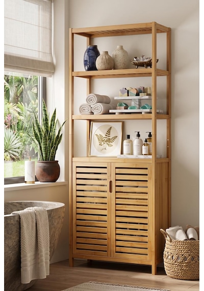 Bambu Banyo Dolabı 6 Raflı Kapaklı Salon Mutfak Çalışma Odası Dolabı Kitaplık Düzenleyici Bej Bambu Banyo Dolabı 6 Raflı Kapaklı Salon Mutfak Çalışma Odası Dolabı Kitaplık Düzenleyici Bej