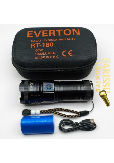 Rt-180 1000 Lümen Yüksek Işık Güçlü El Feneri 50w Lazer Led & 6000mah Dev Batarya Siyah