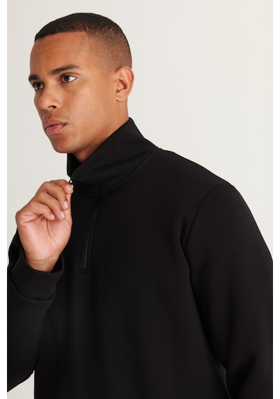 AC&Co / Altınyıldız Classics Standart Fit Normal Kesim İçi Polarlı Bato Yaka Pamuklu Erkek Sweatshirt Siyah