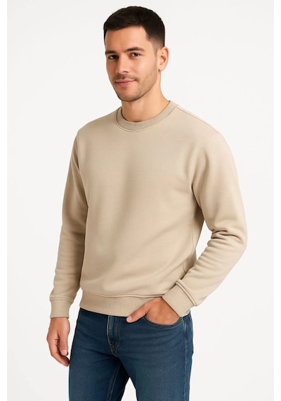 Erkek 3 İplik Pamuklu Düz Bisiklet Yaka Sweatshirt - Bej