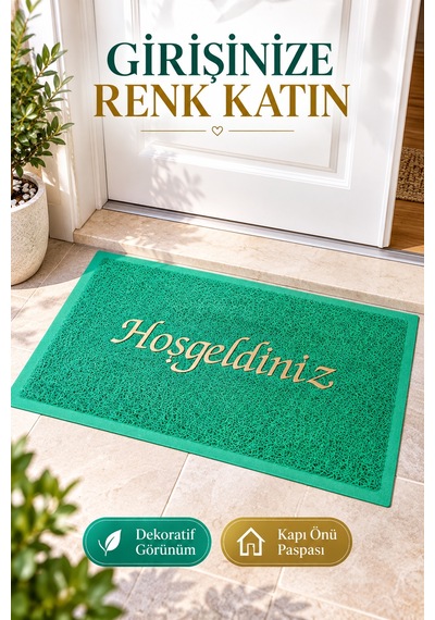 Yeşil 40x60 Cm Hoşgeldiniz Yazılı Kapı Önü Paspası Kıvırcık Dokulu Altın Yazılı Dekoratif Ev Paspası