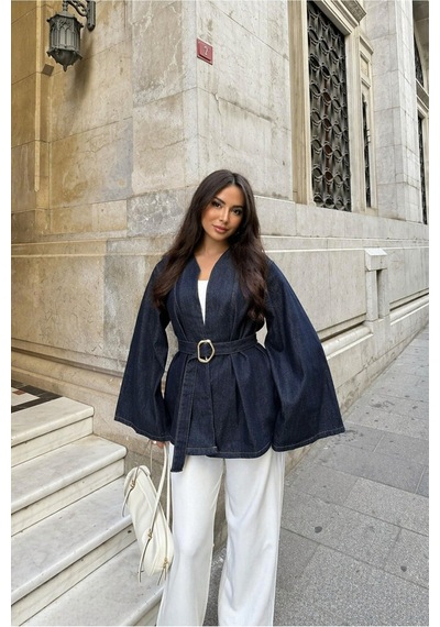 Unika Boutique Kemer Detaylı Kot Denim Ceket lacivert