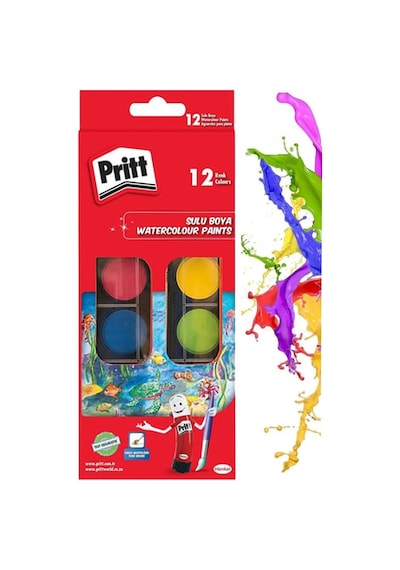 12 Renk Sulu Boya 1 Paket Fırça Hediyeli 12 Li Pritt Suluboya Canlı Renkler 28 Mm Boya Çapı Büyük Boy Çok Renkli