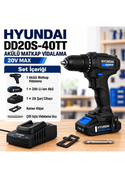 Hyundai Dd20s-40tt 20v Akülü Matkap 40nm 2 Vites Led 2.0ah + Şarj