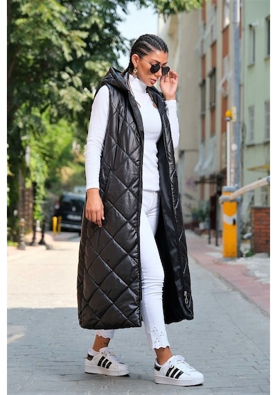 Keyifli Moda Kadın Siyah Kapüşonlu Cepli Baklava Desen Uzun Şişme Yelek