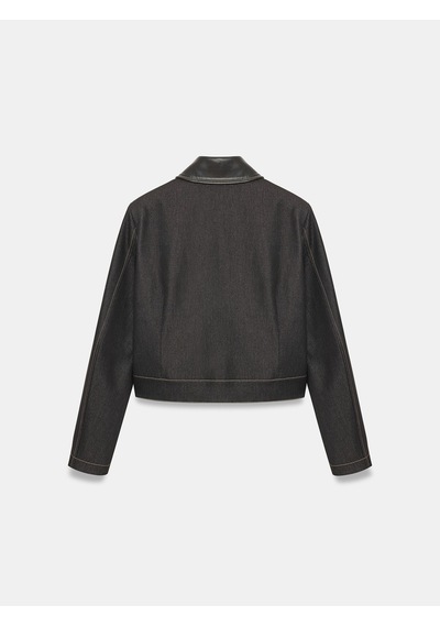 Dilvin 60826 Deri Detaylı Crop Ceket Siyah