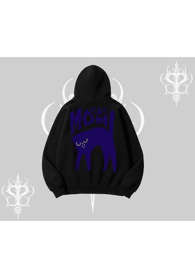 Startmore Cat Mom Yazılı Minimal Kedi Arka Baskılı Kapşonlu Sweatshirt Siyah