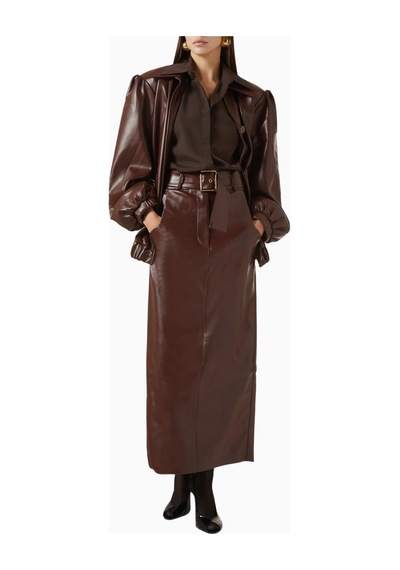 Rowen Rose Belted Maxi Skirt, Lüks Eco Leather Kuşaklı Şık Maxi Etek Kahverengi