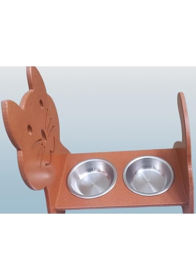 Hobi Erc 90373 Model Kedi Mama Ve Su Kabı Seti Mdf Ceviz Renk Paslanmaz Tabak