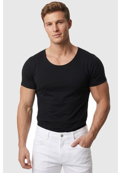 Deepsea Erkek Siyah Geniş Yaka Likralı Tişört Oval Yaka Slim Fit Eteği Oval Açık Yaka T-shirt 1801199 Siyah