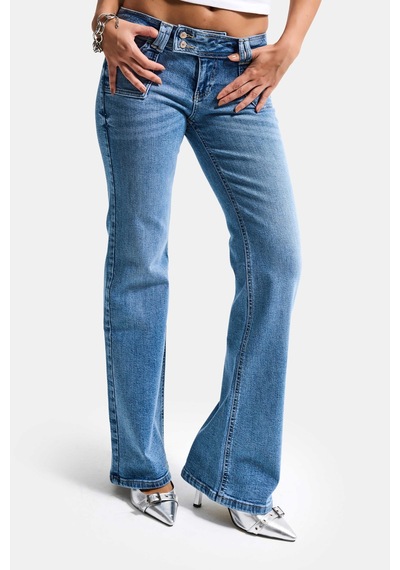 Itsbasic Kadın Mavi T-4s6-4 Flare Fit Düşük Bel Taş Detaylı Özel Tasarım Denim Jean