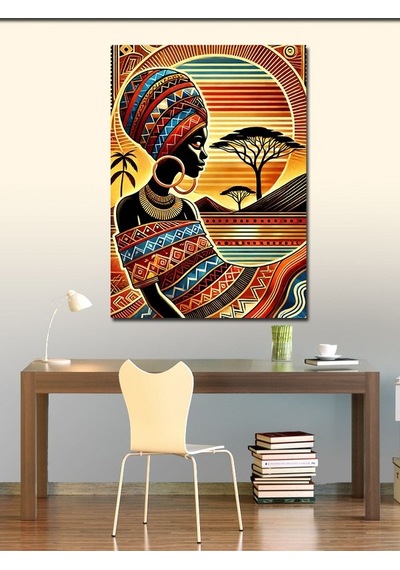 Kanvas Tablo Afrika Kadını Ve Desenli Arka Plan 50cmx70cm