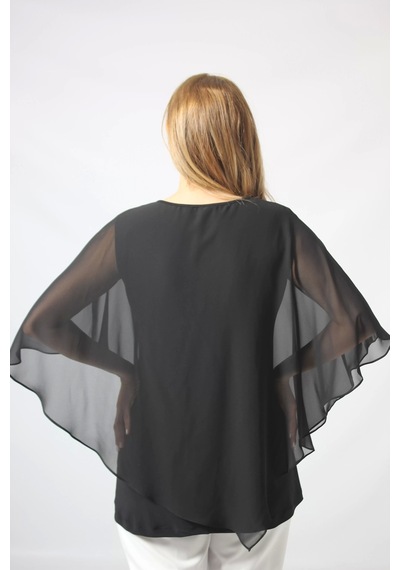 Moda Berray 5040 Pul Payet Aplikli Şifon Kombin Büyük Beden Şık Bluz Siyah