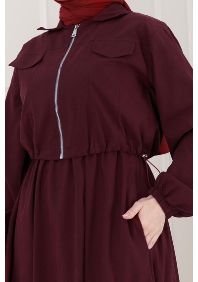 Sevitli Fermuarlı Cepkenli Jile Elbise-bordo-5121