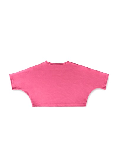 Pembe Bisiklet Yaka Rahat Kalıp Yarasa Kol Pike Kadın Crop T-shirt Pembe
