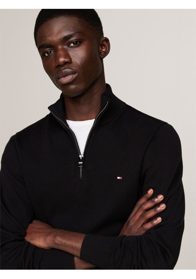 Tommy Hilfiger Pıma Org Ctn Cashmere Zıp Mock Erkek Siyah Kazak - Mw0mw28049 Siyah