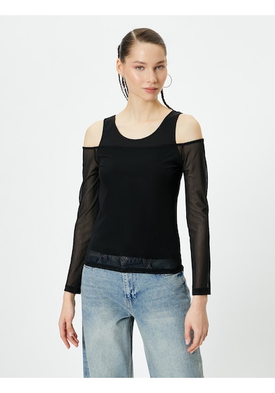 Koton Çift Kumaş Kullanımlı Tül Tişört Uzun Kollu Slim Fit Siyah 4sal10568ık Siyah