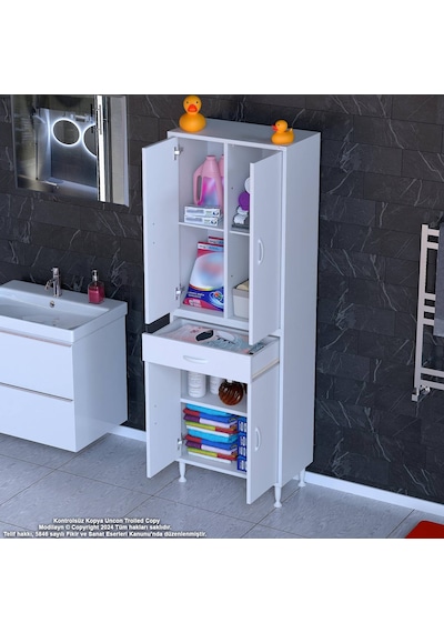Modilayn Yeni Afra 65x173x32,5 Cm 1 Çekmece 4 Kapak 3 Raf 6 Bölme Çok Amaçlı Banyo & Mutfak Dolabı Beyaz