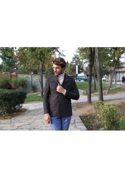 Wessi Kruvaze Slim Fit Erkek Kahverengi Ceket Kahverengi