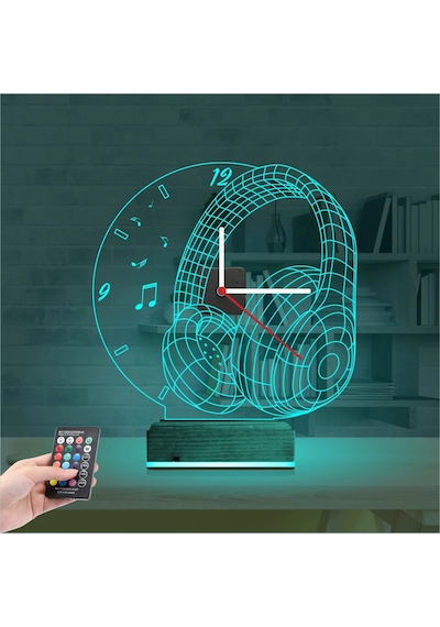 Luvivia Dj Müzik Kulaklık Saatli 3d Lamba - Masa Gece Lambası Şeffaf