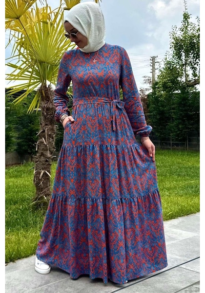 Rabia Şamlı Betül Turuncu Tesettür Elbise Çok Renkli