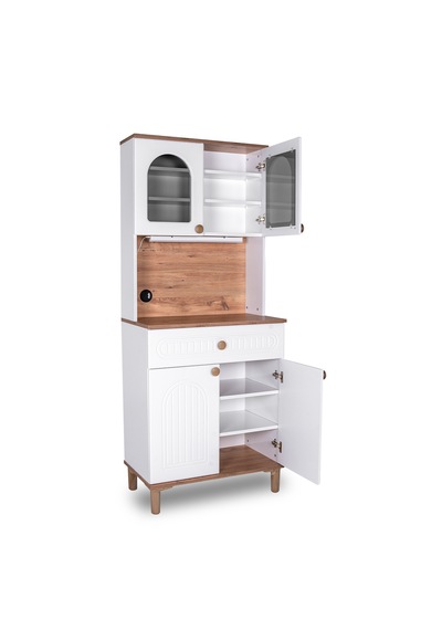 Modilay Bohem Membran Kahve Köşesi Ve Çok Amaçlı Dolap - Camlı Vitrinli Mutfak Konsolu - 80 Cm Beyaz - Ceviz Modilay Bohem Membran Kahve Köşesi Ve Çok Amaçlı Dolap - Camlı Vitrinli Mutfak Konsolu - 80 Cm Beyaz - Ceviz
