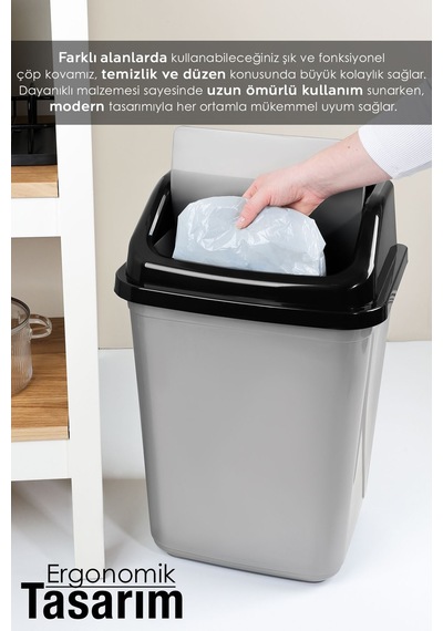 Kapaklı Plastik Çöp Kovası - Ev Ofis Banyo Mutfak Çöp Kovası Gri 30 Litre Gri