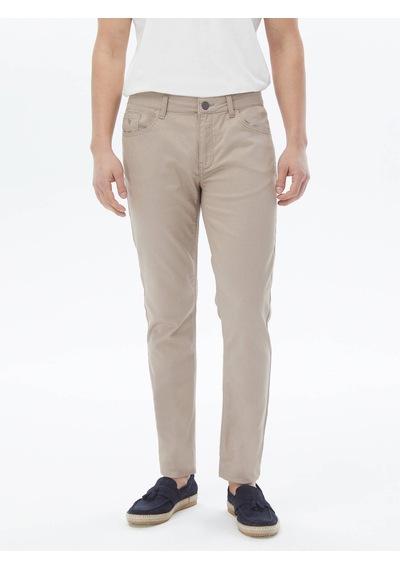 Vizon Dokuma Slim Fit Casual Pamuk Karışımlı Pantolon Vizon