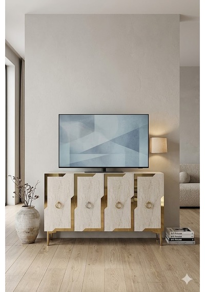 Ka1233btg Seza Konsol Ve Tv Sehpası Beyaz-traverten-gold 120cm