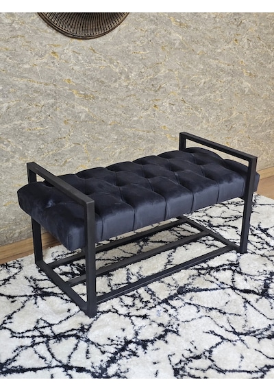Zafir Siyah Boyalı Metal 80 Cm Puf Bench - Antre Puf - Hol Bench - Puf - Oturak - Bench Füme