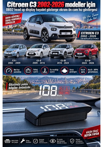 Citroen C3 2002-2026 Modeller İçin Obd2 Head Up Display Hayalet Gösterge Ekranı Ön Cam Hız Göstergesi