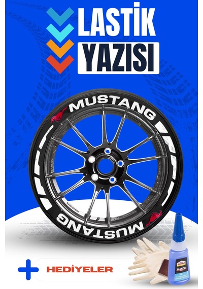 Mustang Yazılı Beyaz Şeritli Motosiklet Ve Otomobil Lastik Yazısı Sticker Yapıştırma