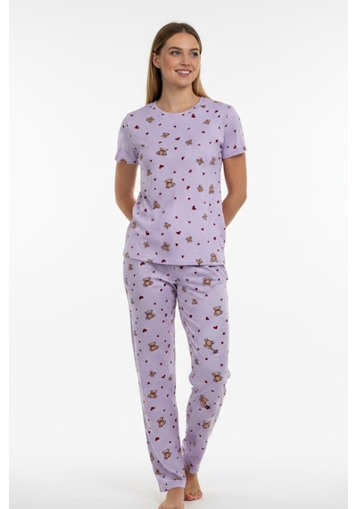 Kompedan Kadın Bisiklet Yaka Yumuşak Dokulu Ayıcık Desenli Kısa Kol Pijama Takım Lila 70132-4752